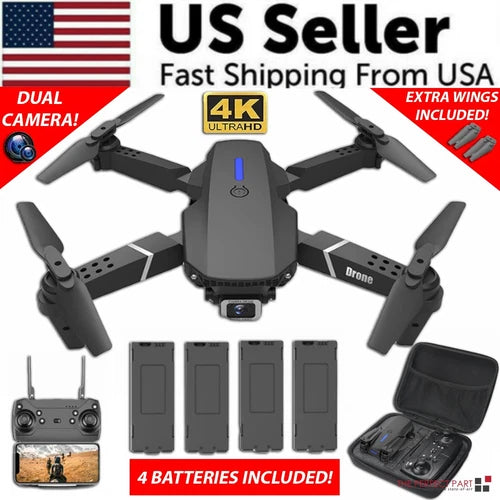 Foldable gray quadcopter drone with dual camera, four batteries, remote controller and case