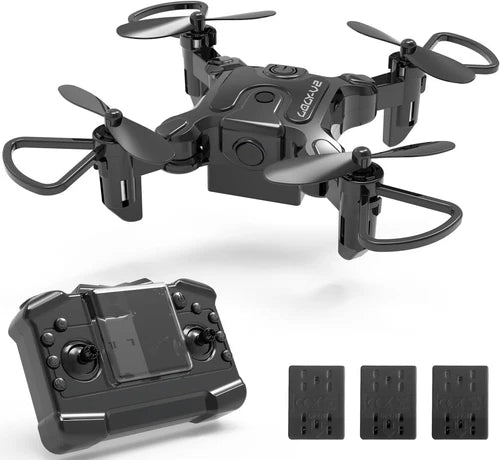 Black foldable mini quadcopter drone with remote controller and spare batteries