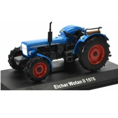 Diecast farm tractor model with blue body, black engine, red wheels