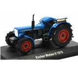 Diecast farm tractor model with blue body, black engine, red wheels