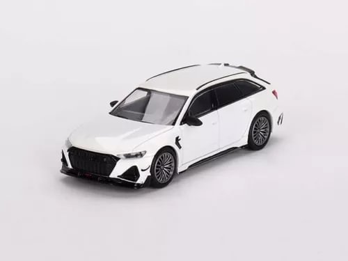 White metallic diecast RS6-R model car with black grille and wheels, front three-quarter view