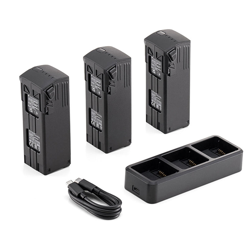 DJI Mavic 3 battery kit with three batteries, dual charger dock, and charging cable