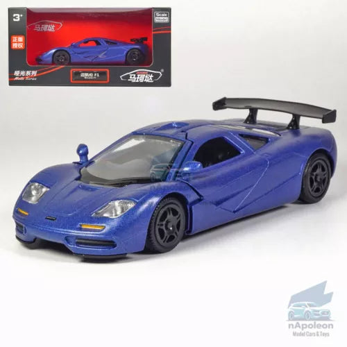 Blue alloy diecast model car with rear wing, front three-quarter view.