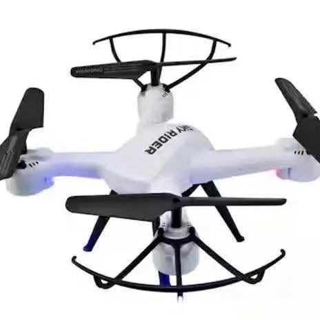 White quadcopter drone with black propeller guards and four arms