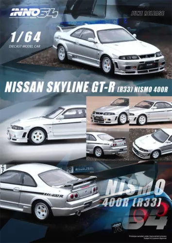 Silver Nissan Skyline GT-R R33 NISMO 400R diecast model car, front 3/4 view