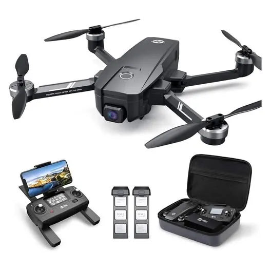 Foldable quadcopter drone with remote controller, extra batteries, and black case