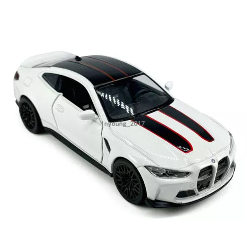 White diecast model car with red racing stripes, black wheels, detailed front view