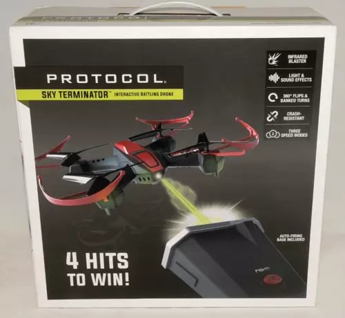 Boxed interactive battling drone with light and sound features, sealed packaging