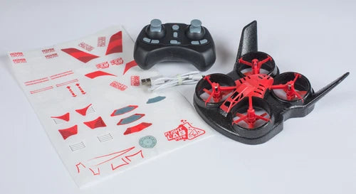 Red HoverCross hovercraft drone with black remote controller and parts