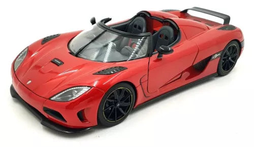 Red diecast sports car with open cockpit, black wheels, and detailed front grille