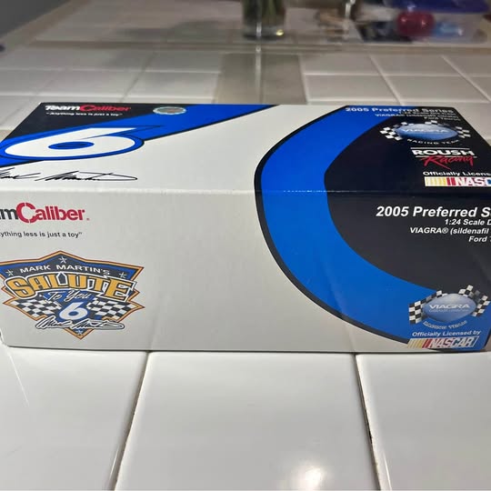 NASCAR Preferred diecast car in blue-and-white box, Mark Martin #6 Salute