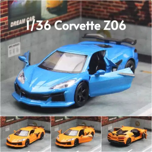 Blue diecast model car with black hood accents, front three-quarter view, black wheels