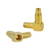 Brass MMCX RF extension connector, angled male-to-female pair with knurled grip