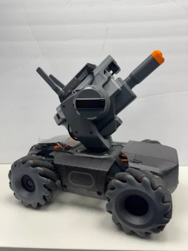 Educational robot drone with grey chassis and rotating turret, orange safety tip