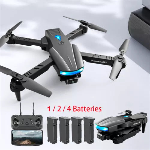 Foldable quadcopter drone with dual cameras, LEDs, plus controller and batteries