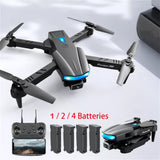Foldable quadcopter drone with dual cameras, LEDs, plus controller and batteries