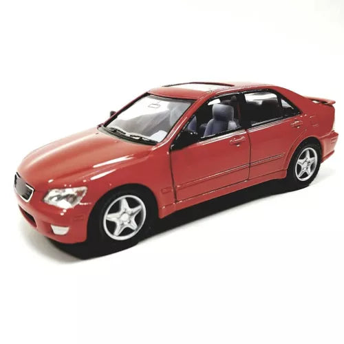 Fire red diecast sedan with sunroof, front 3/4 view, silver wheels.