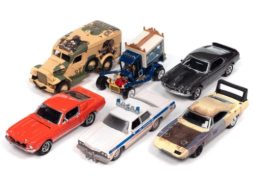 Set of six 1/64 diecast model cars, assorted colors