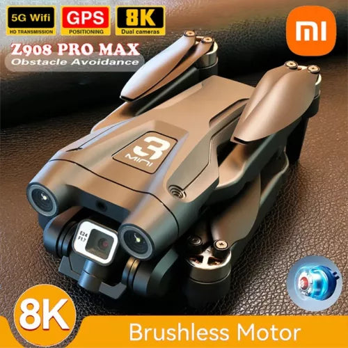 Tan quadcopter drone with dual cameras and front sensor pods