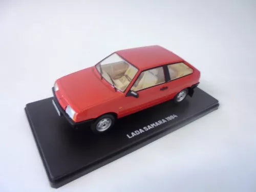 Red Lada Samara 2108 diecast model car with black display base
