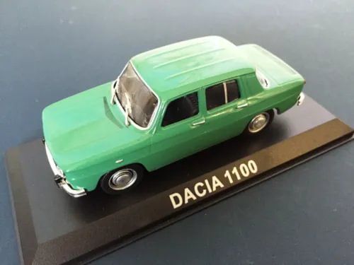 Green Dacia 1100 diecast model car on base, front three-quarter view, 1/43 scale