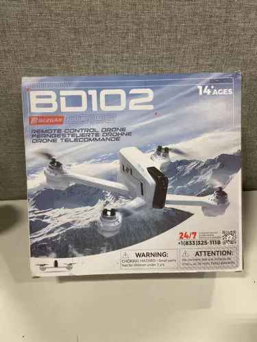 Drone with camera retail box showing white quadcopter and BD102 text