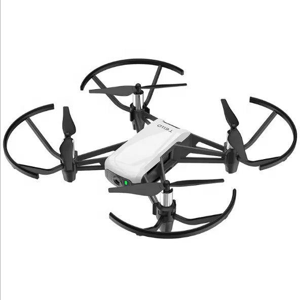 White quadcopter camera drone with four propellers and green status light