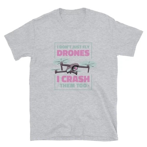 Heather gray T-shirt with colorful drone graphic and DON'T BUY DRONES text