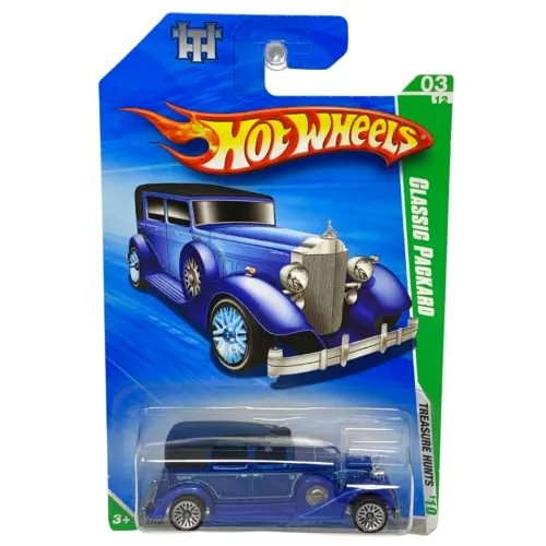 Hot Wheels 1:64 diecast Packard-style car, blue with silver details, in blister pack