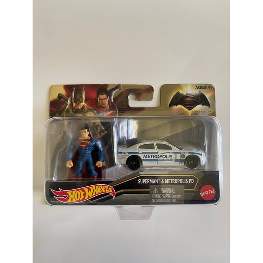 Superman mini diecast police car with small action figure, sealed blister package