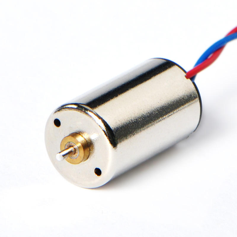 Small cylindrical DC coreless motor with gold shaft and red/blue wires