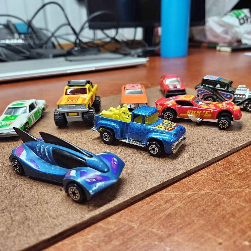 Vintage matchbox diecast car set, blue pickup, red and yellow cars