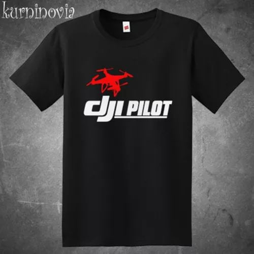 Men's black T-shirt with red drone graphic and white DJI PILOT logo