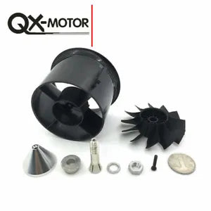 QX-MOTOR RC ducted fan kit with 12-blade fan, cone, screws, and washers