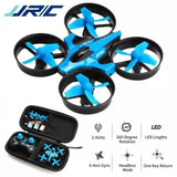 Blue JJRC mini quadcopter drone with four propellers and controller, 2.4GHz, LED lights