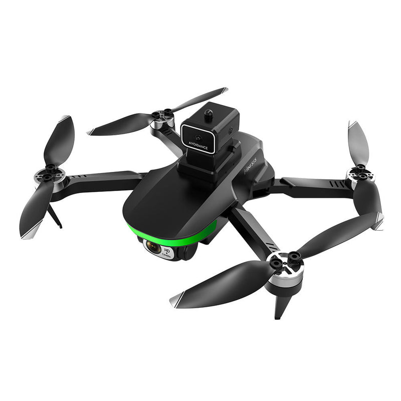 Black quadcopter mini drone with four propellers and green LED ring