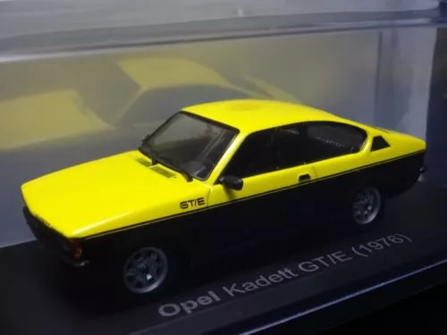 Opel Kadett GT/E 1976 diecast model car, yellow with black hood and wheels