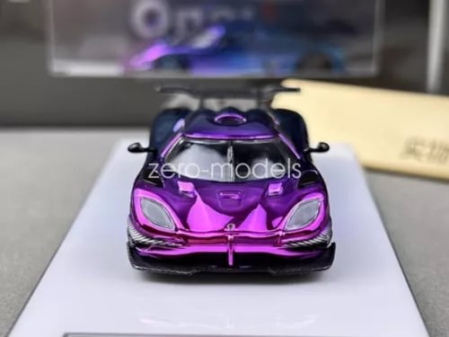 Electroplated diecast sports racing car, front view, purple and dark blue finish