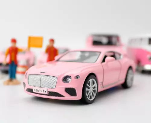 Pink 1:36 Bentley racing diecast metal sports car toy, front 3/4 view