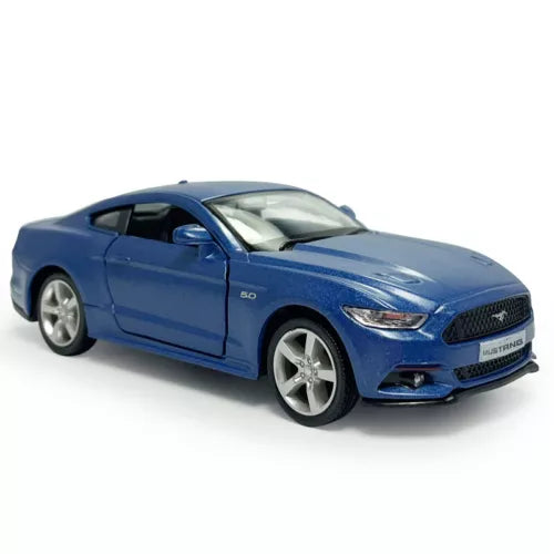 Blue diecast Ford Mustang model car with detailed front grille and headlights