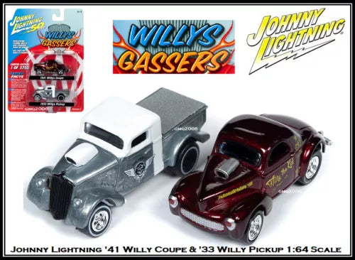 1:64 diecast car 2-pack with white-gray and dark red vintage vehicles, side view