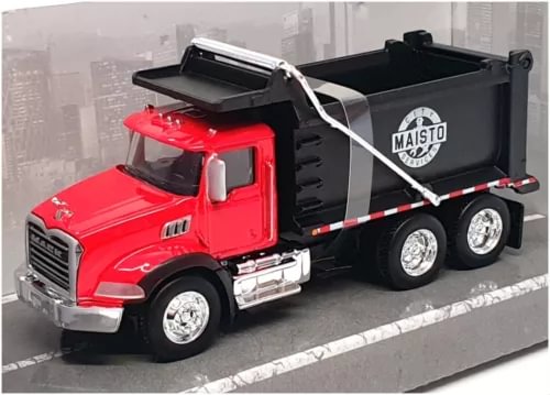 Maisto 11cm diecast tipper truck, red cab with black dump bed and chrome details