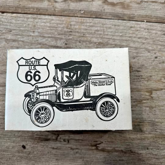Route 66 diecast car bank, illustrated black vintage car on display card
