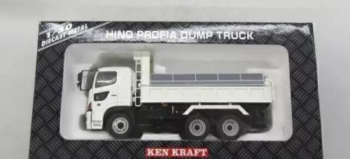 White diecast dump truck model in display box, Hino Profia cab and dump bed