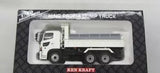 White diecast dump truck model in display box, Hino Profia cab and dump bed