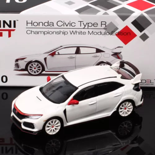 White Honda Civic Type R diecast race car model, rear 3/4 view, detailed wheels