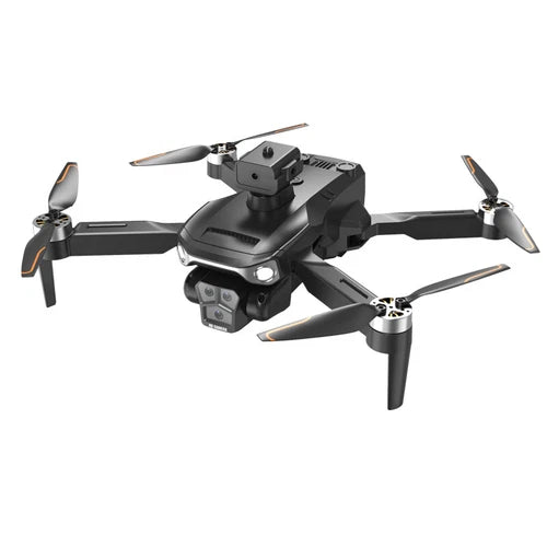 Dark gray quadcopter drone with camera gimbal and four propeller blades