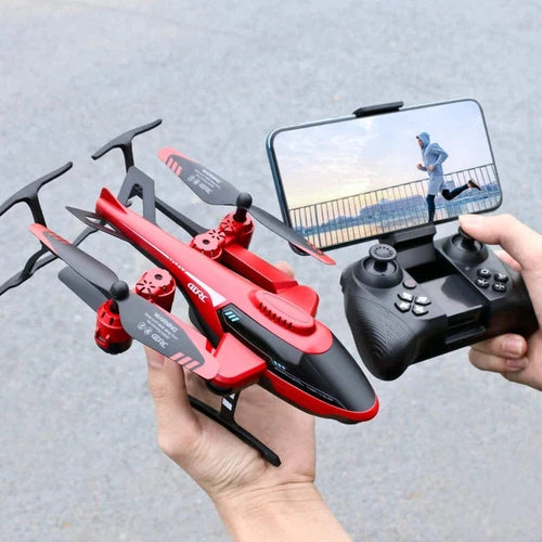 Mini drone with red body and remote controller