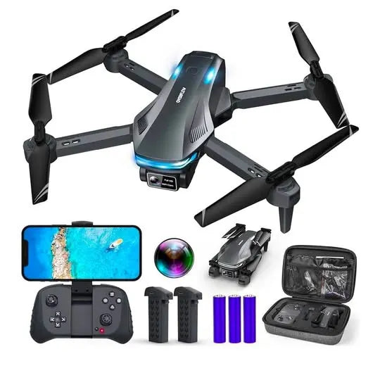 Foldable quadcopter drone kit with remote controller, batteries, and carrying case