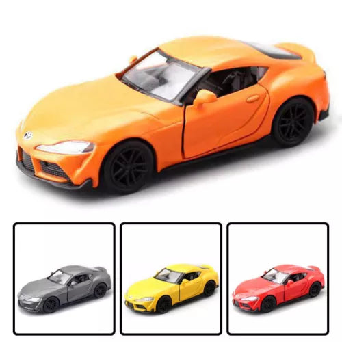 Orange 1:36 diecast toy model car with detailed body and black wheels.